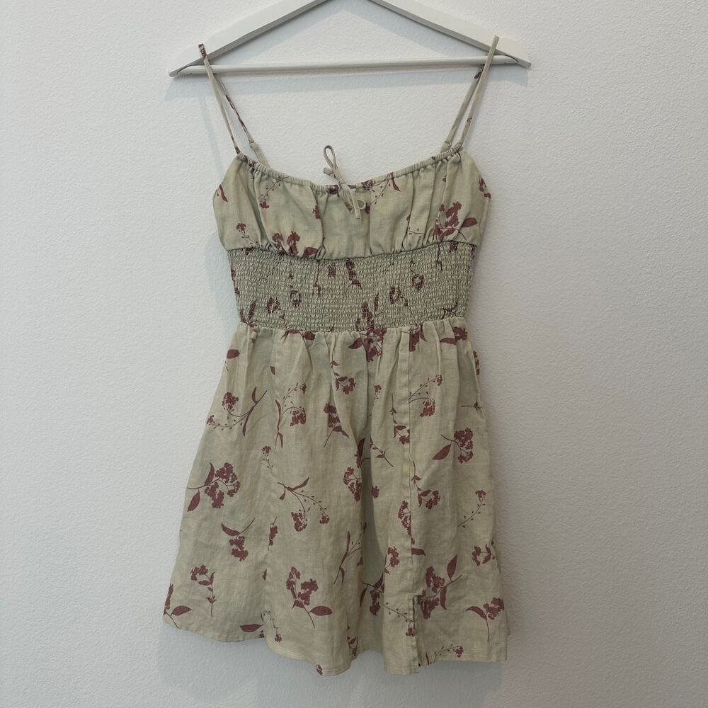 Aritzia Wilfred Genoa linen olive green red floral print hemmed mini dress XS